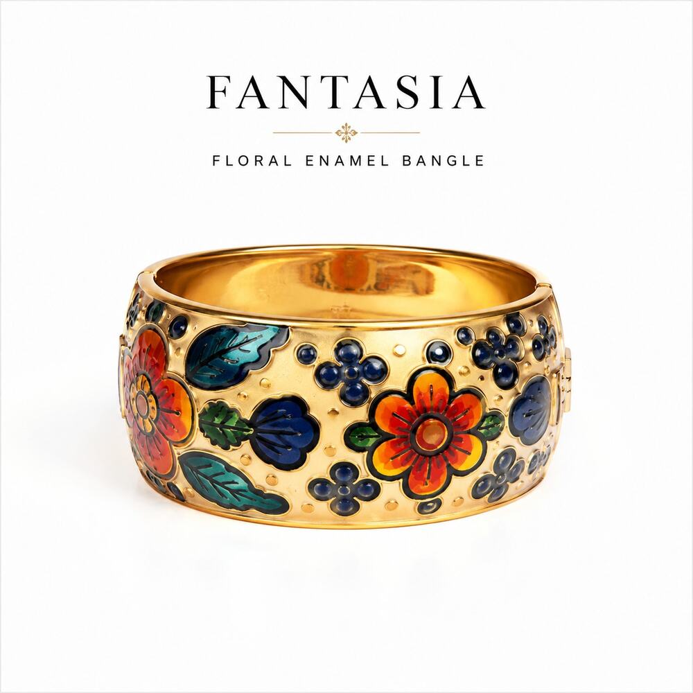 Fantasia Floral Gold Tone Wide Bangle Bracelet Enamel Boho Hinged Cuff